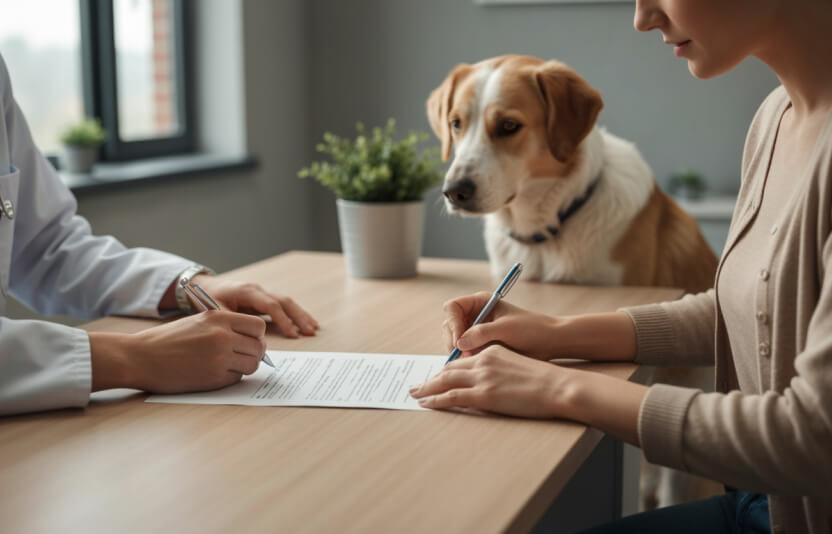 Владелец подписывает документ/анкету у ветеринарного врача. Собака сидит рядом, спокойная.